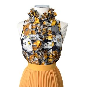 J. CREW FACTORY Silk Ruffle Neckline Floral Blouse Gray Mustard Yellow Sz 2